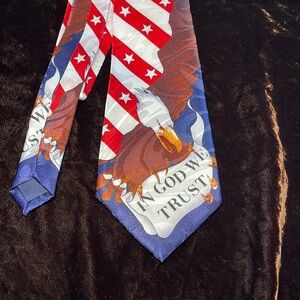 Patriotic mens tie American flag, eagle and banner “In God WeTrust”